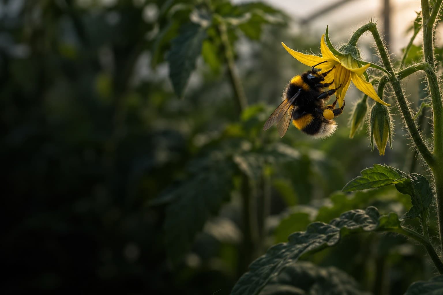 Bumblebee pollinating a tomato flower in a greenhouse