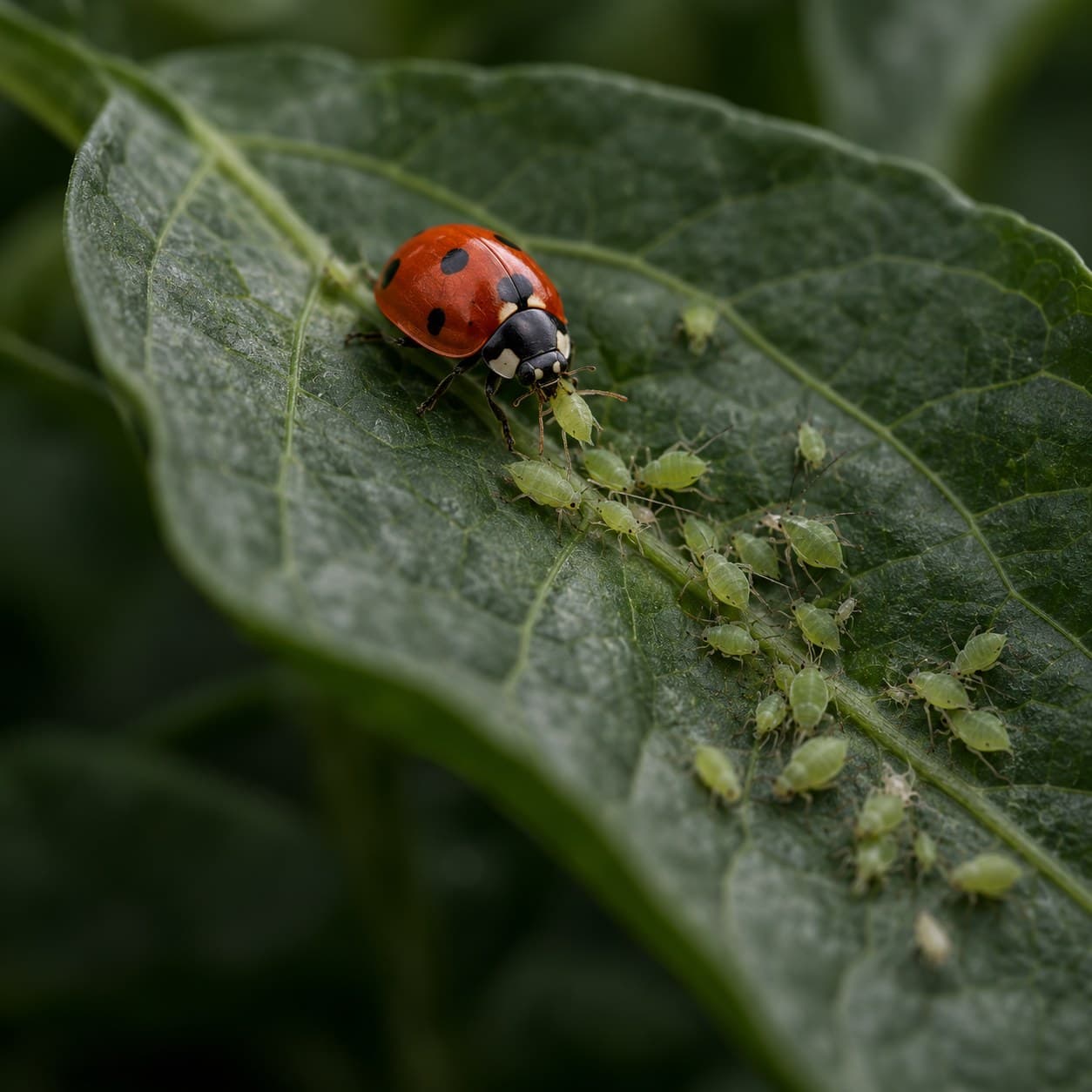 Ladybird eating aphids on a pepper leaf