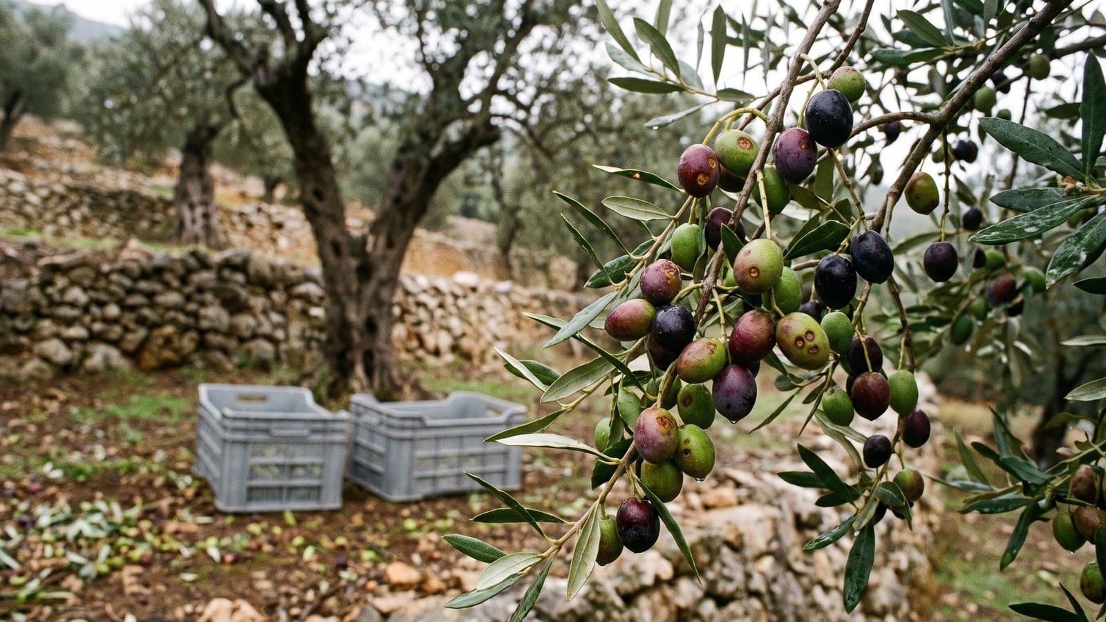 Ripening green and black olives on a branch in a terraced olive grove in the Lebanese mountains