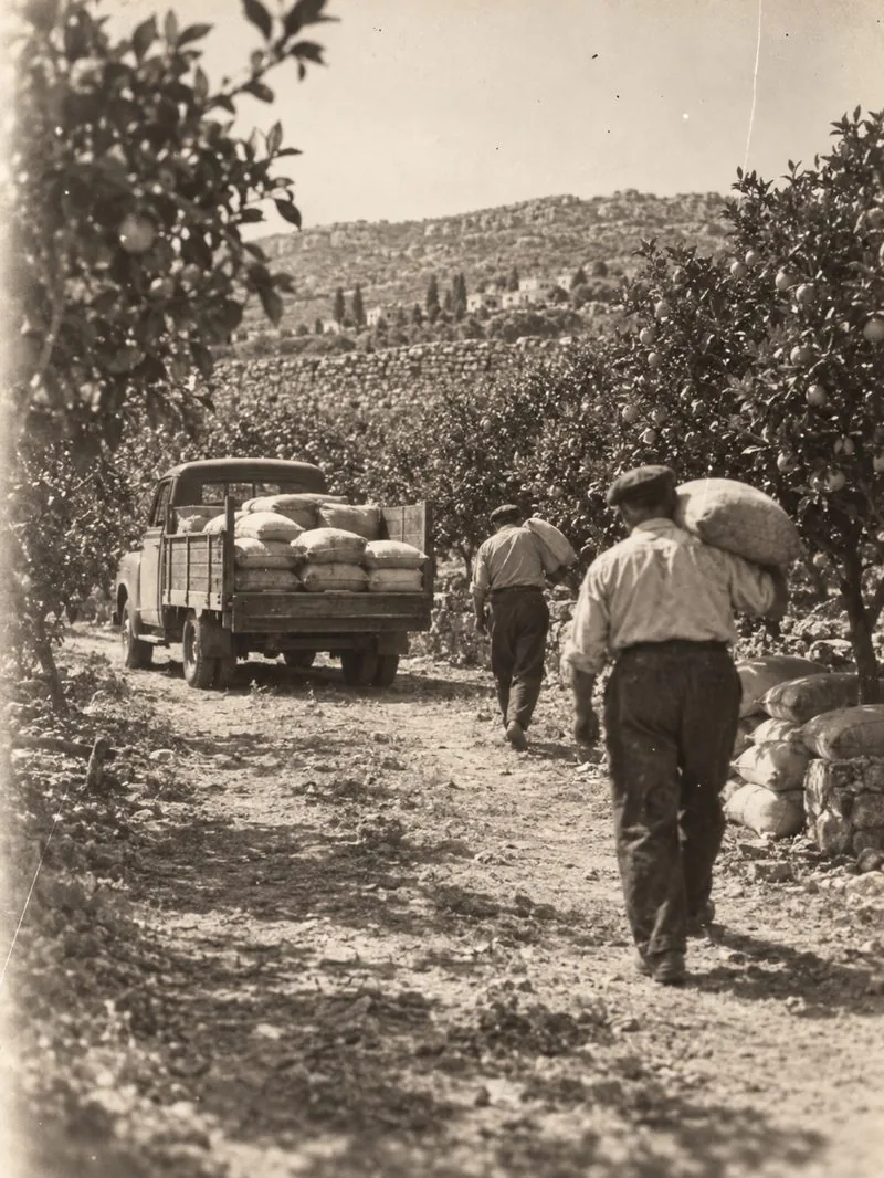 Workers carrying sacks of fertilizer from a truck into a citrus orchard