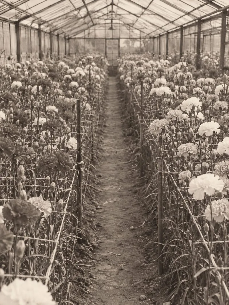 Rows of carnations in bloom inside a cut-flower greenhouse